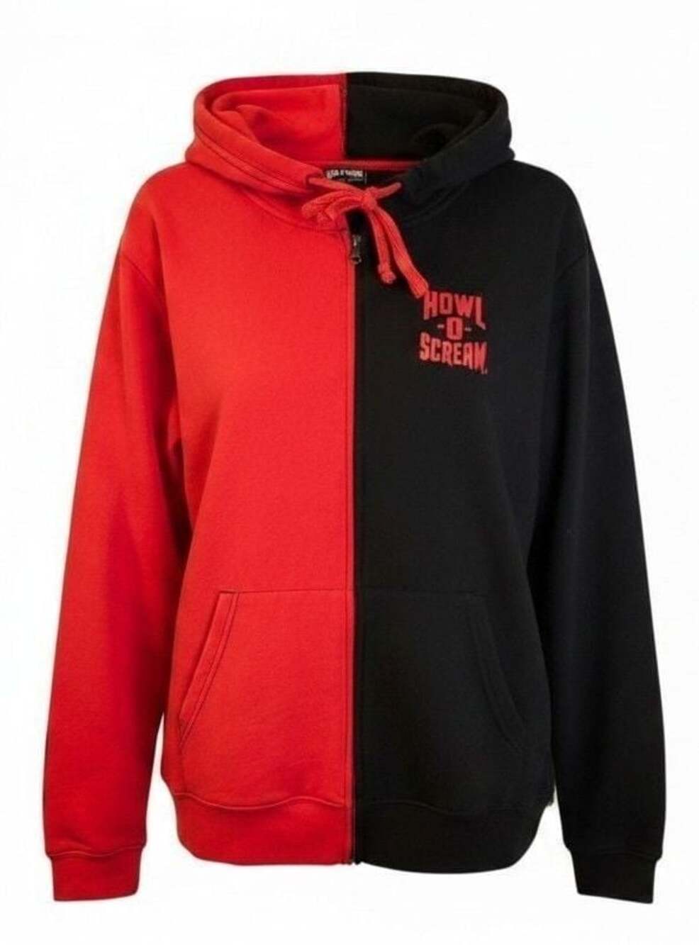 Hot Topic Howl-O-Scream Split Red and Black Full Zip Hoodie